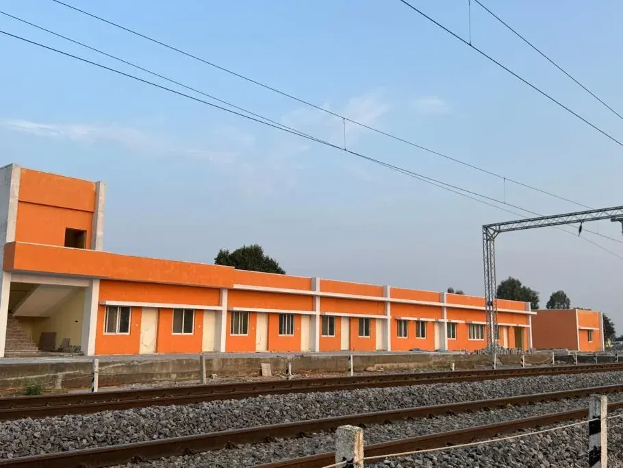 Station building beside the railway tracks